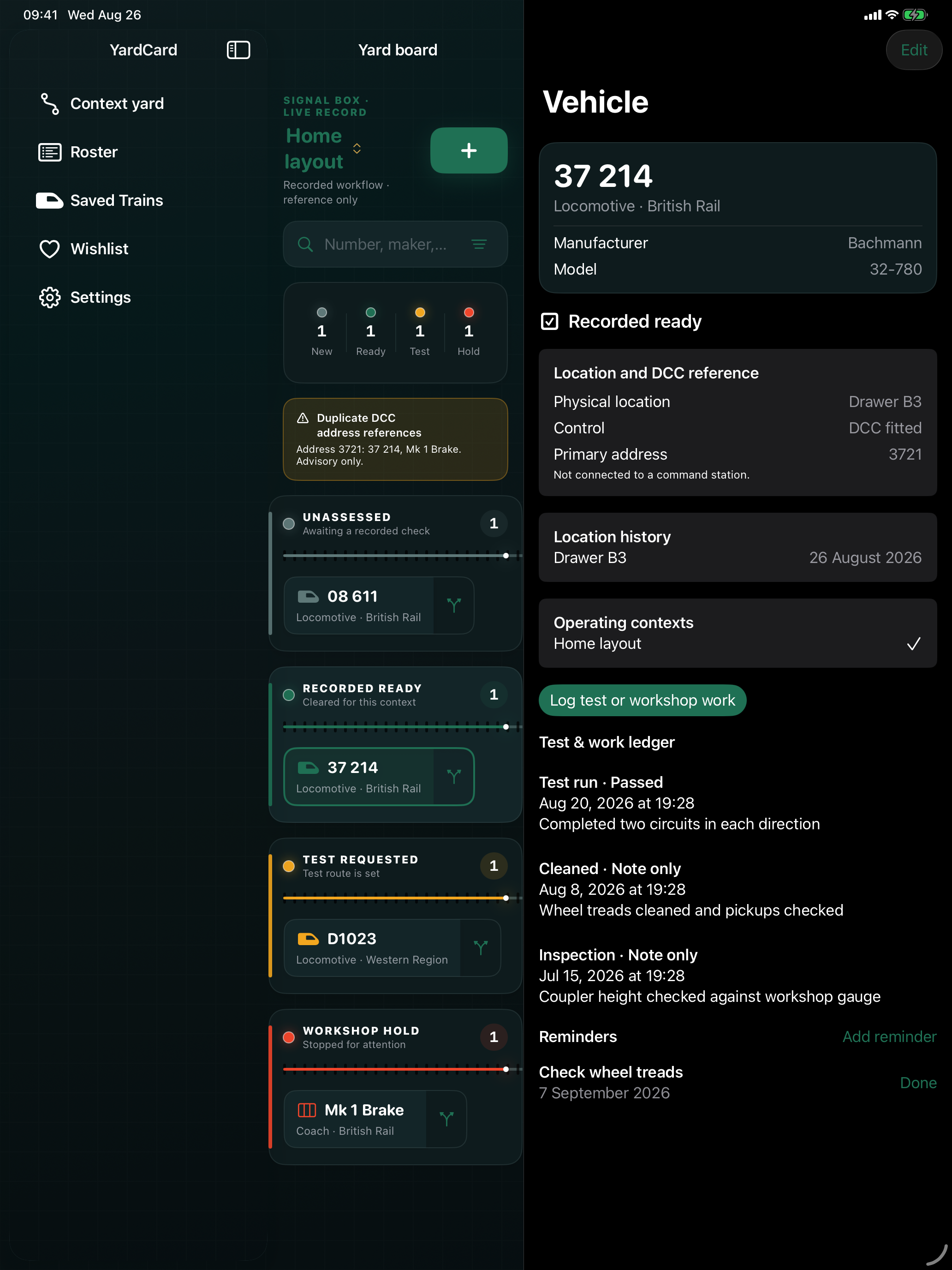 YardCard iPad three-column workspace with navigation, context yard and selected vehicle inspector