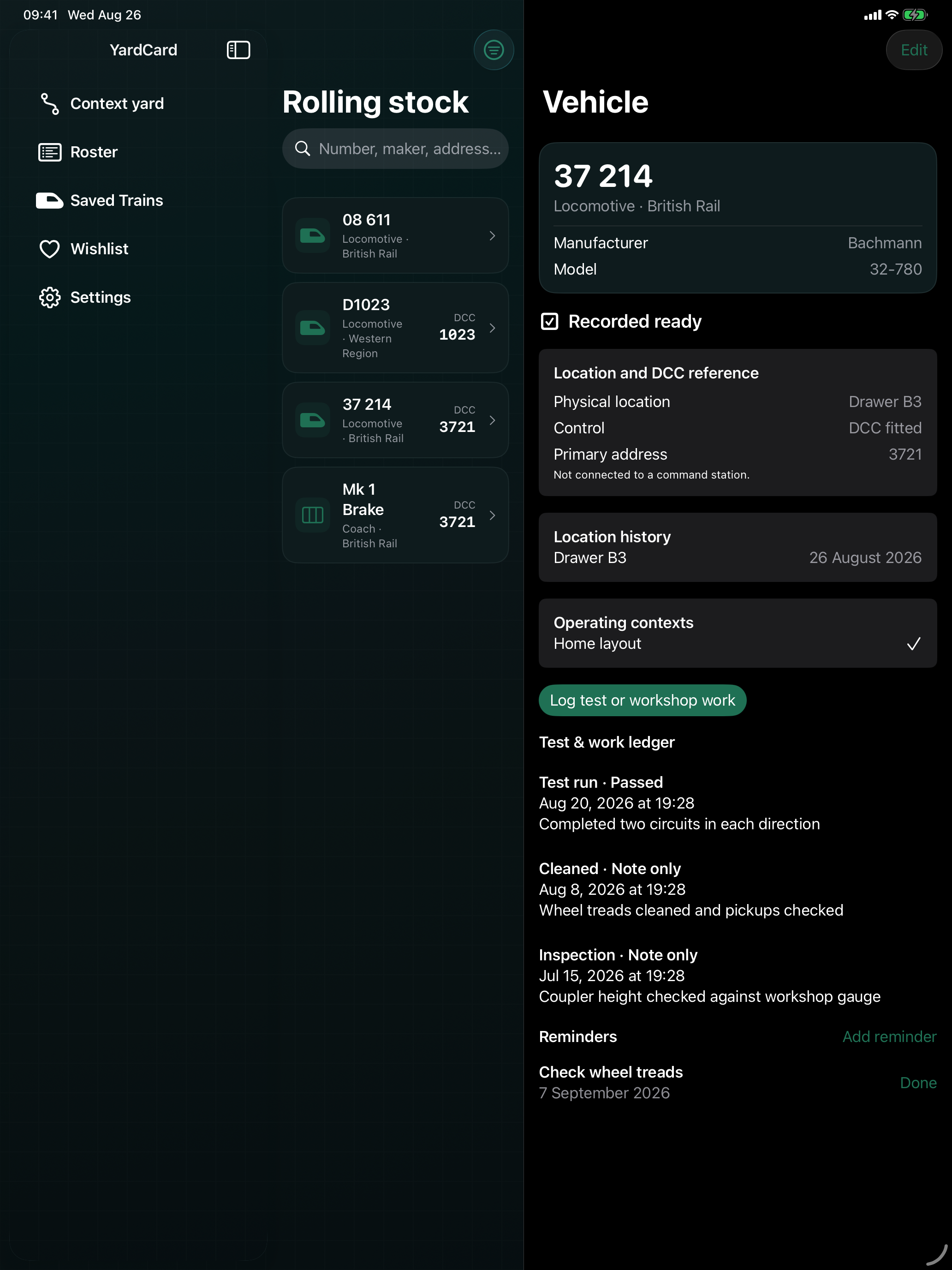 YardCard iPad roster workspace with rolling stock list and selected vehicle detail