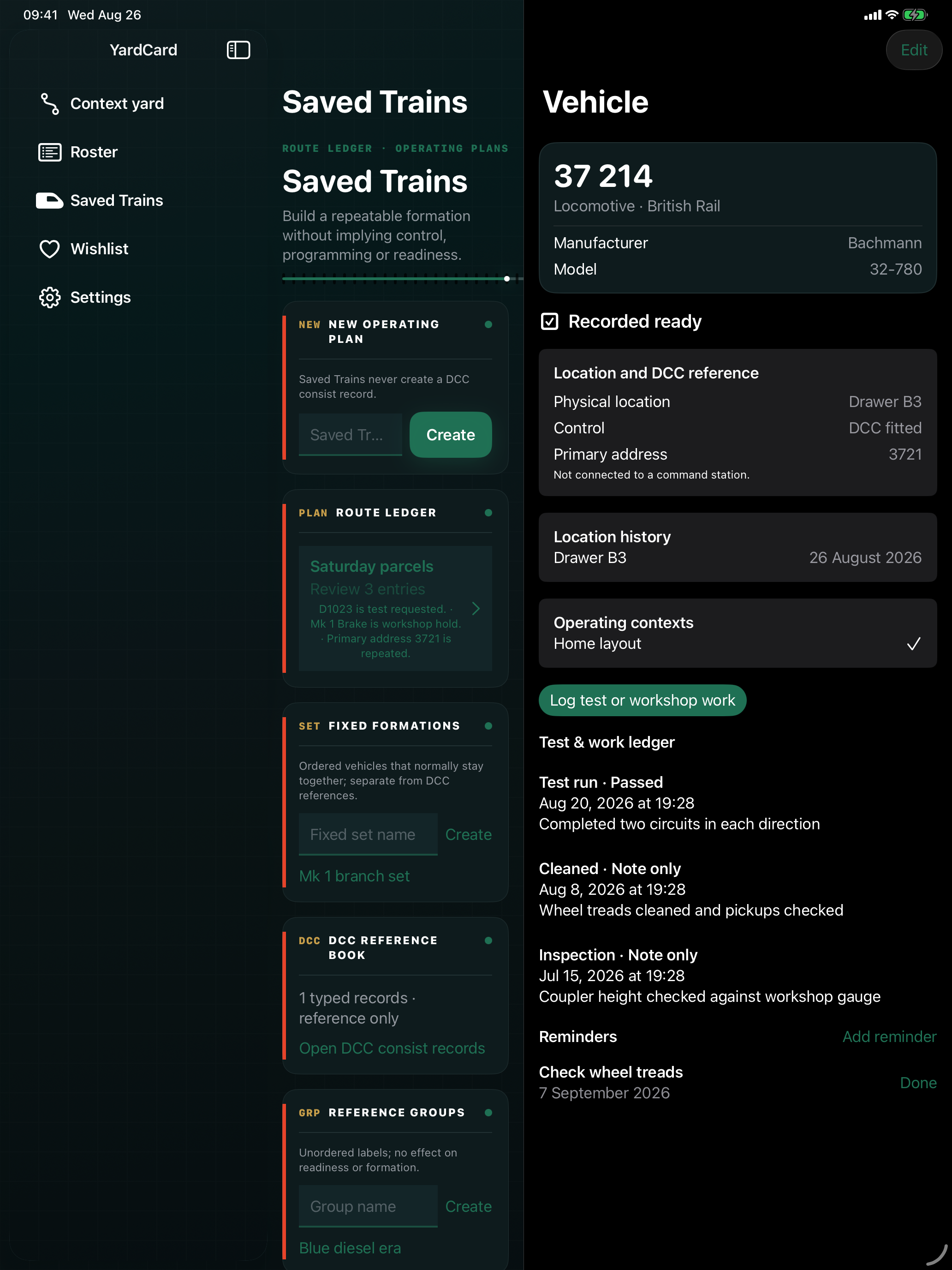 YardCard iPad Saved Trains workspace beside the selected locomotive record