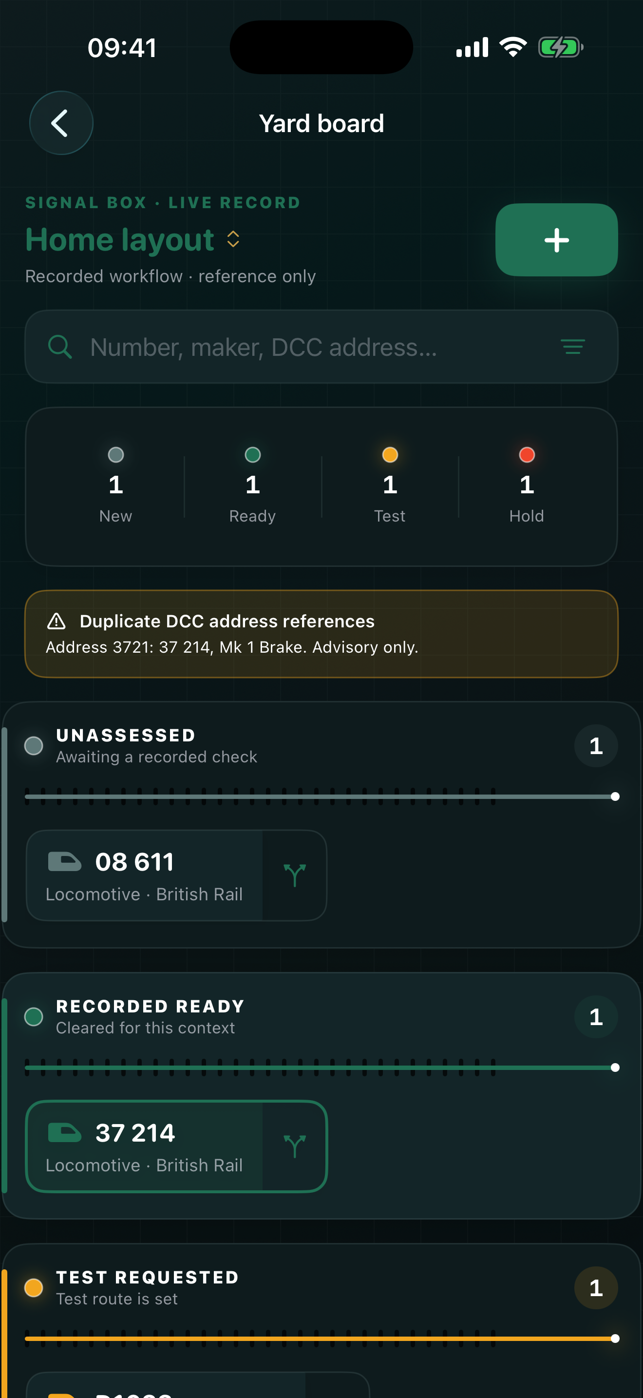 YardCard context yard with four explicit readiness lanes and a duplicate DCC address advisory
