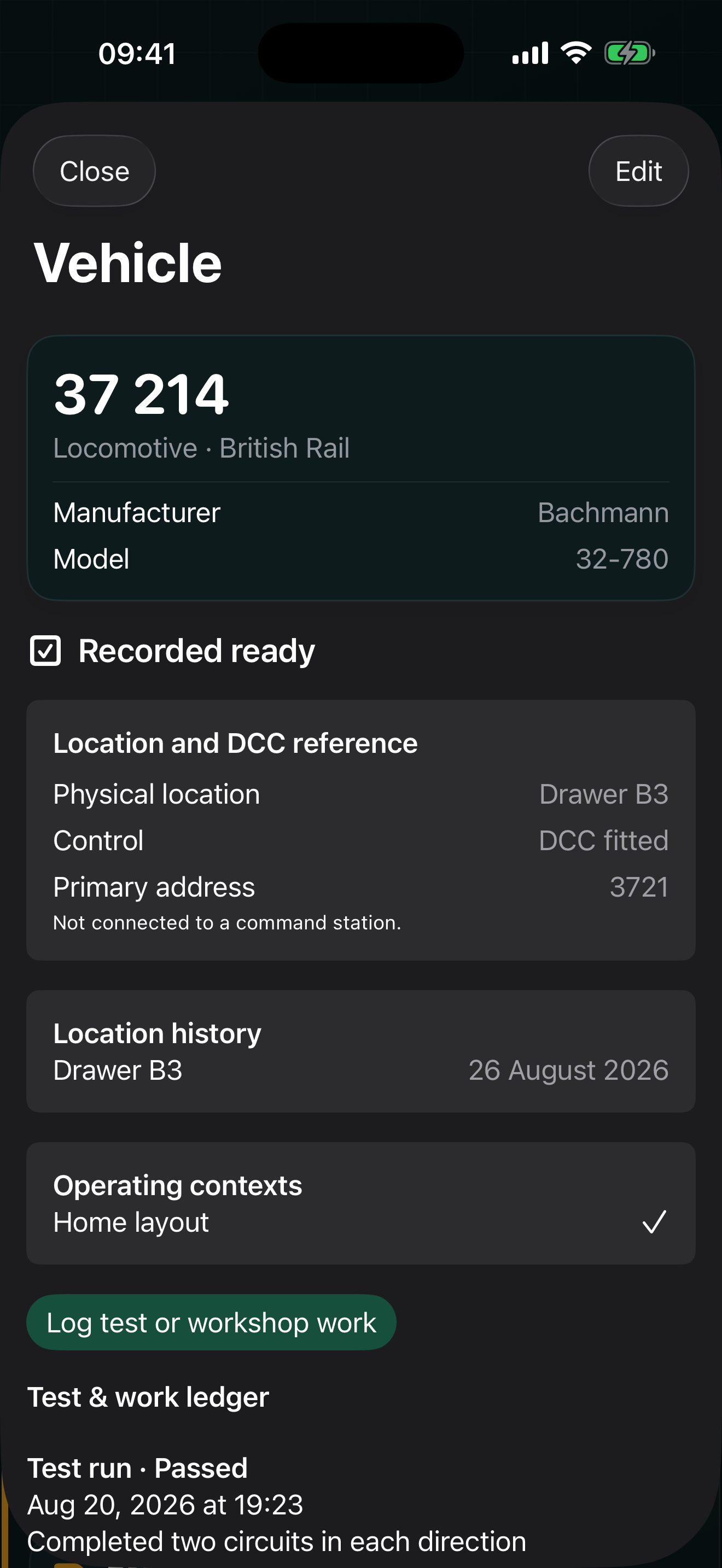 YardCard vehicle record for locomotive 37 214 with manufacturer, storage and DCC reference