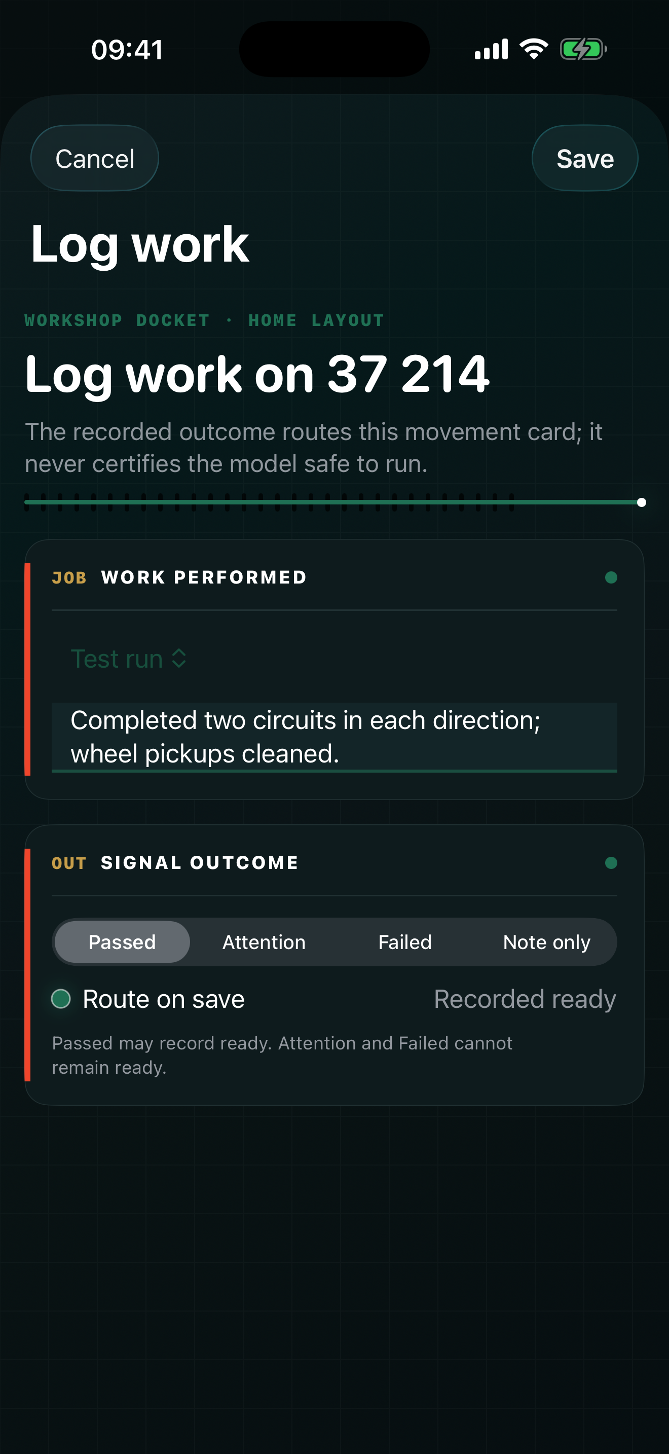 YardCard workshop docket for logging a test run and recorded outcome