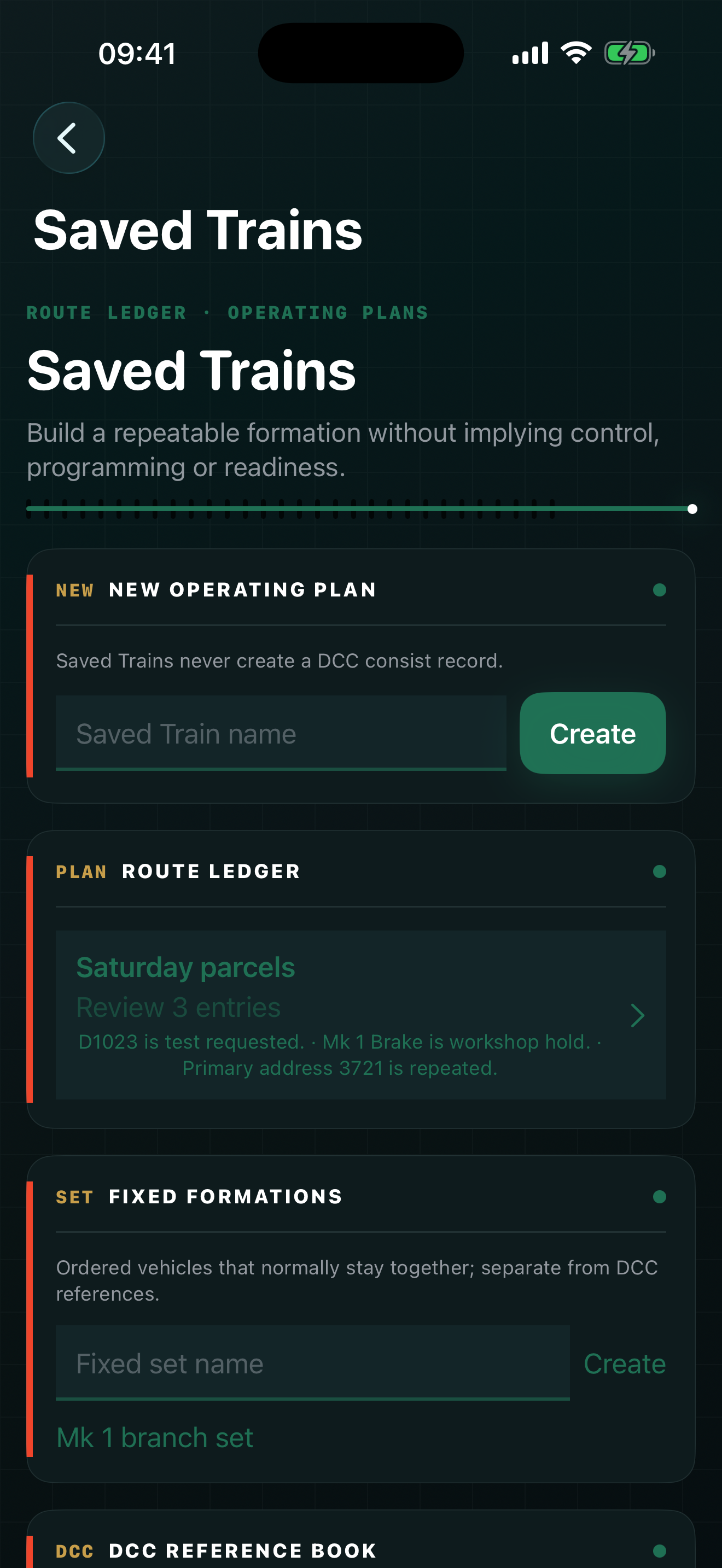 YardCard Saved Trains route ledger with a Saturday parcels formation and fixed sets