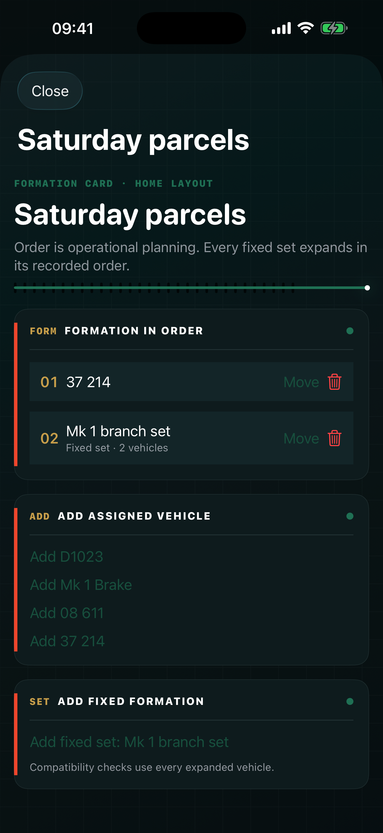 YardCard formation editor ordering locomotive 37 214 and a fixed carriage set