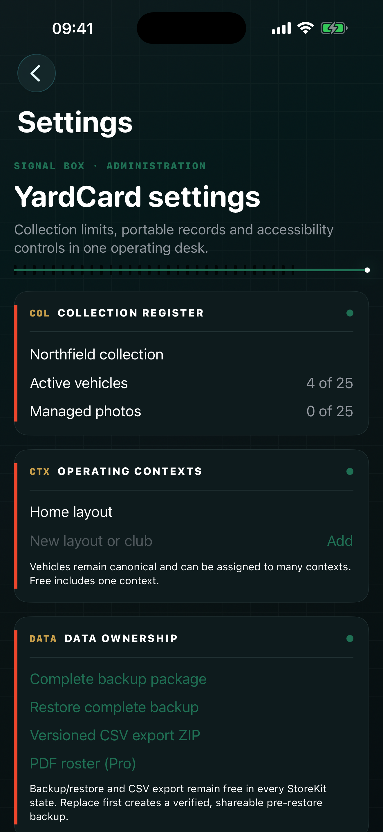 YardCard settings with collection limits, contexts and complete backup controls