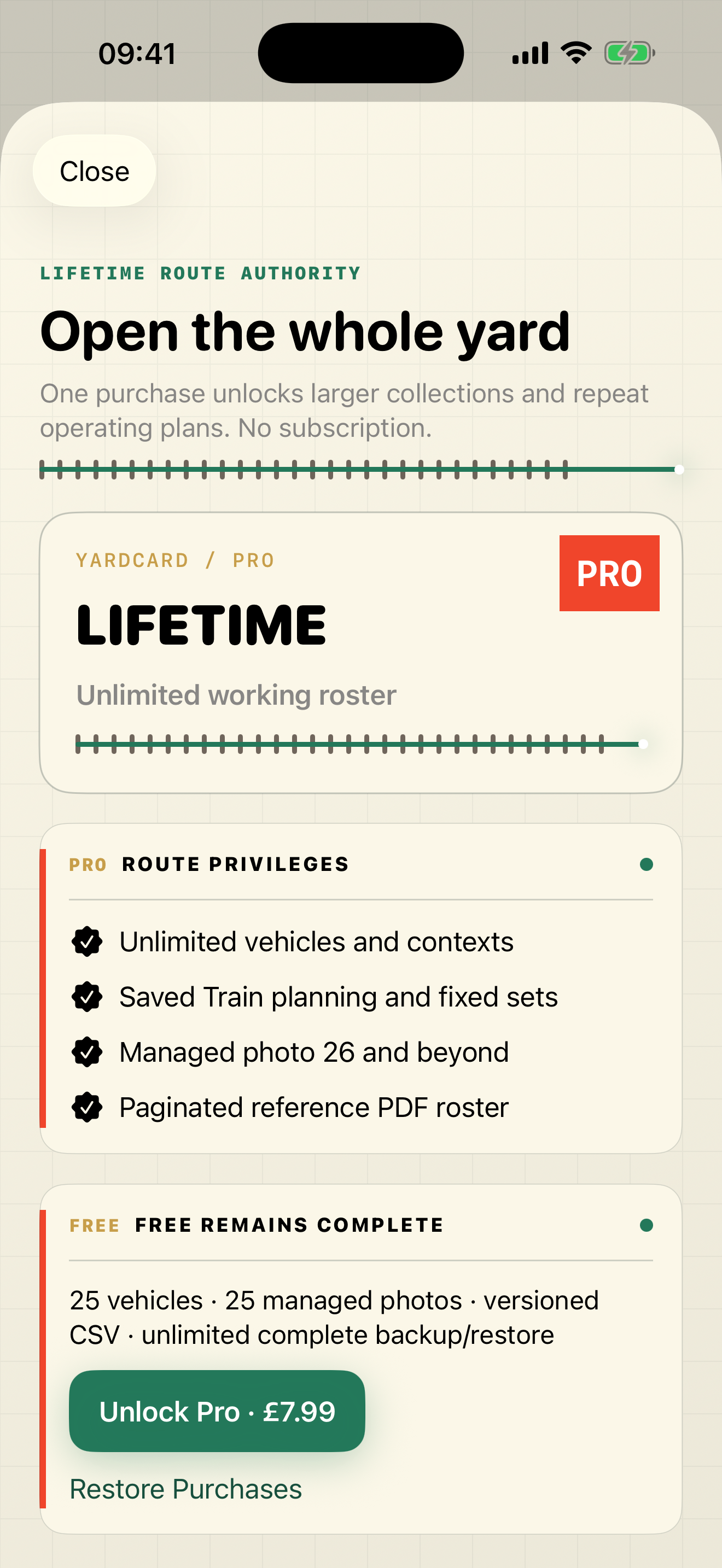 YardCard Pro lifetime purchase screen listing larger roster and planning privileges